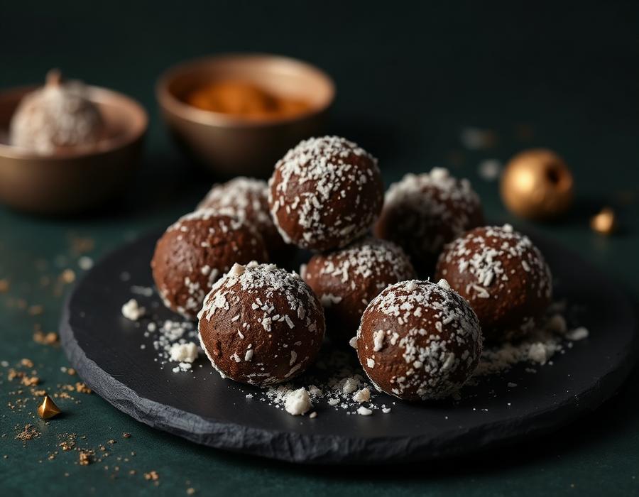 Keto Fatbombs mit Kokos auf dunklem Schieferteller